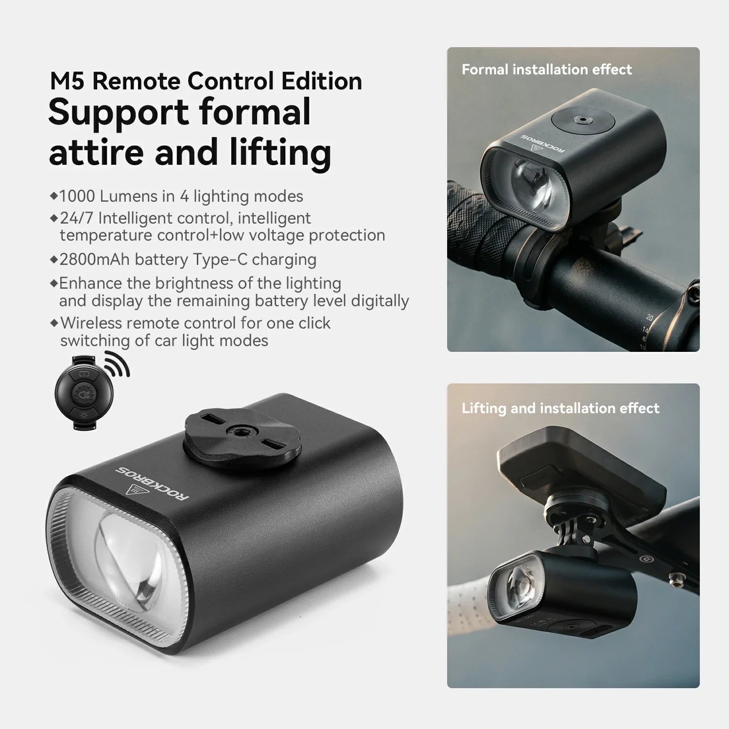 Promotional graphic for a black bicycle light remote control edition, showing the product close-up, feature bullet points, and two inset photos demonstrating formal installation and lifting/attachment effects. #Color_Remote Control Version