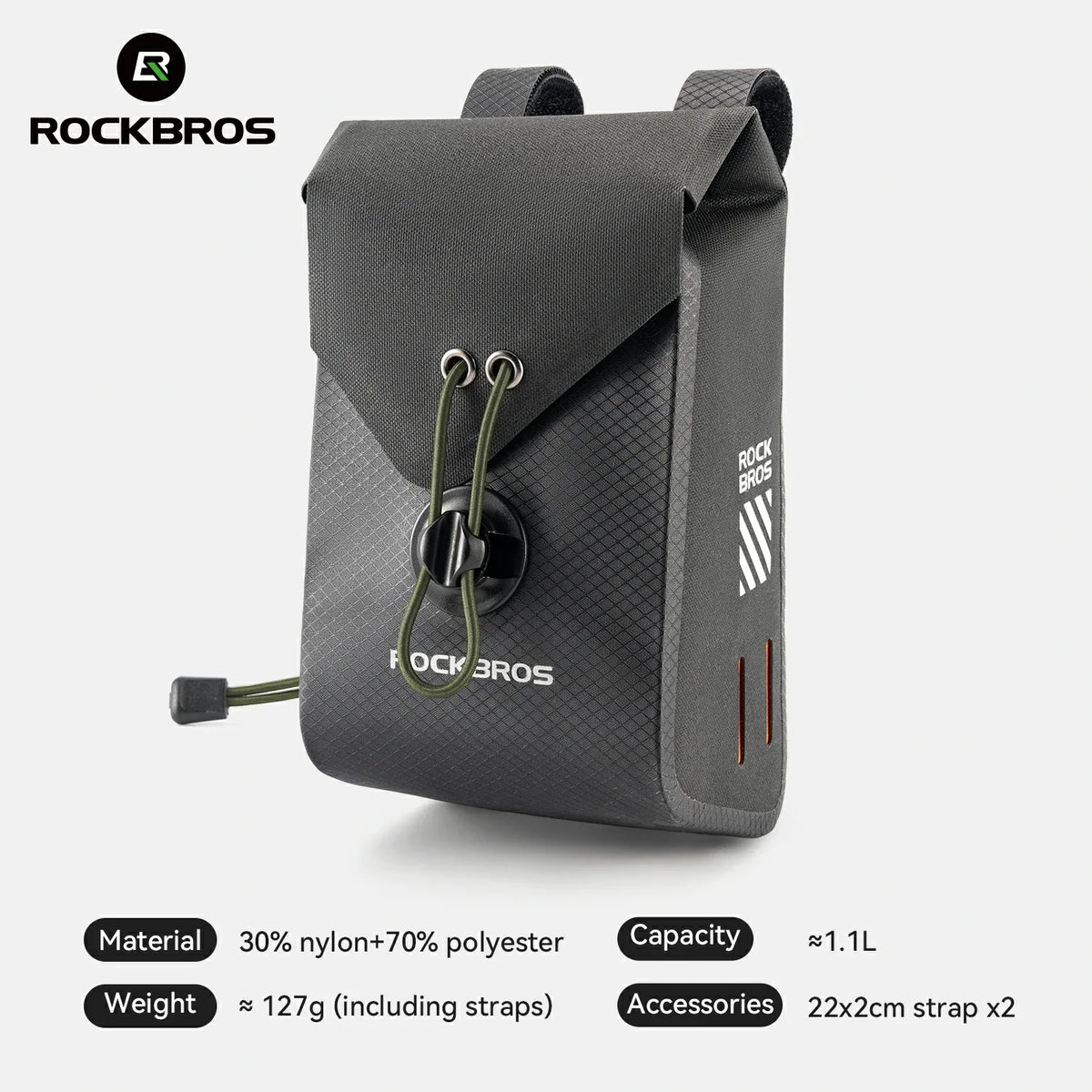 A dark gray Rockbros backpack-style bottle carrier with a flap closure, drawstring detail, and visible Rockbros branding, shown on a light gray background with product specs listed below.