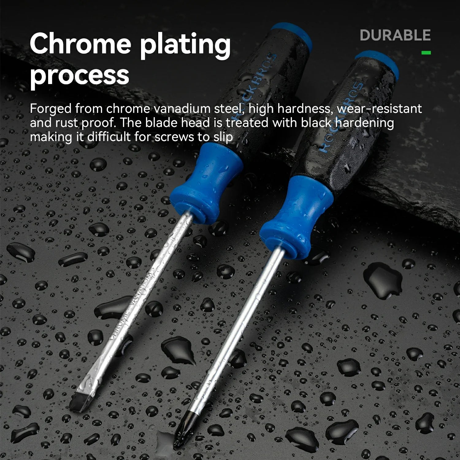 Two precision screwdrivers with chrome-plated shafts and black-and-blue handles lying on a wet dark surface with water droplets, alongside marketing text about durable chrome plating.