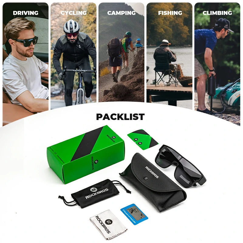 A product packlist collage showing outdoor activities in the top row and the included accessories in the bottom half: a green and black branded box, black sunglasses, black case, black drawstring pouch, white microfiber cloth, and a small card. The top row includes panels labeled Driving, Cycling, Camping, Fishing, and Climbing.
