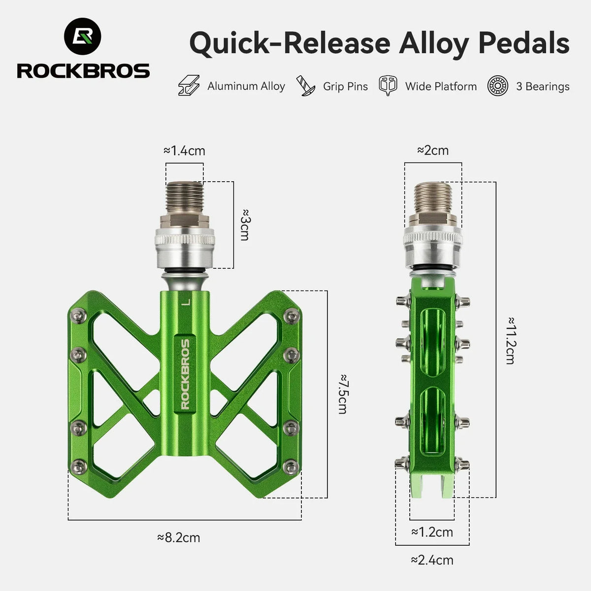 Green quick-release pedals with size and feature callouts