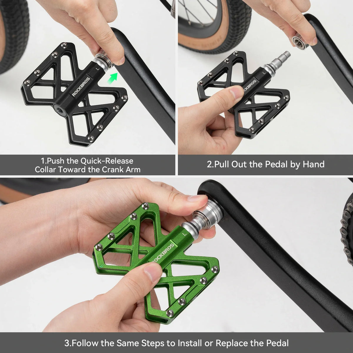 Diagram showing how to remove and install quick-release pedals