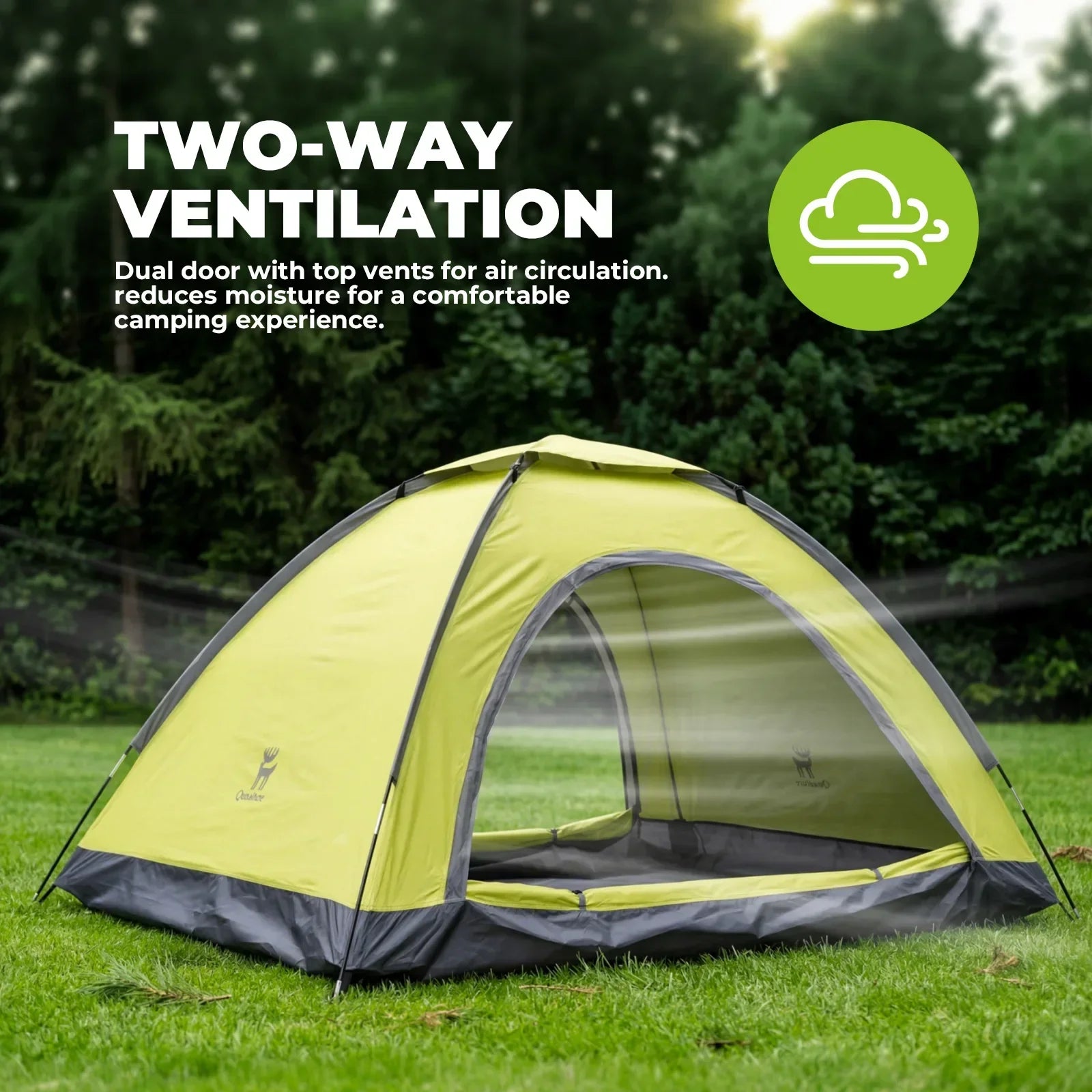 Green camping tent with two-way ventilation feature on a grassy background