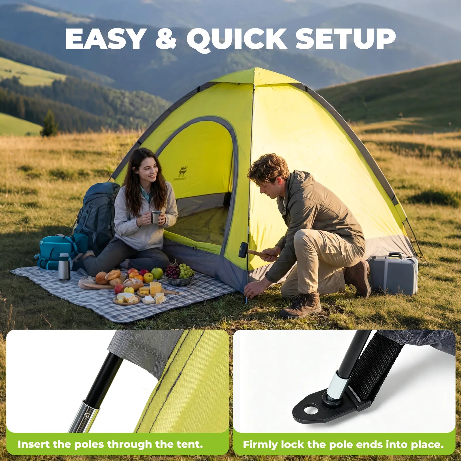 Two people setting up a yellow tent in a scenic outdoor setting with text highlighting easy setup.