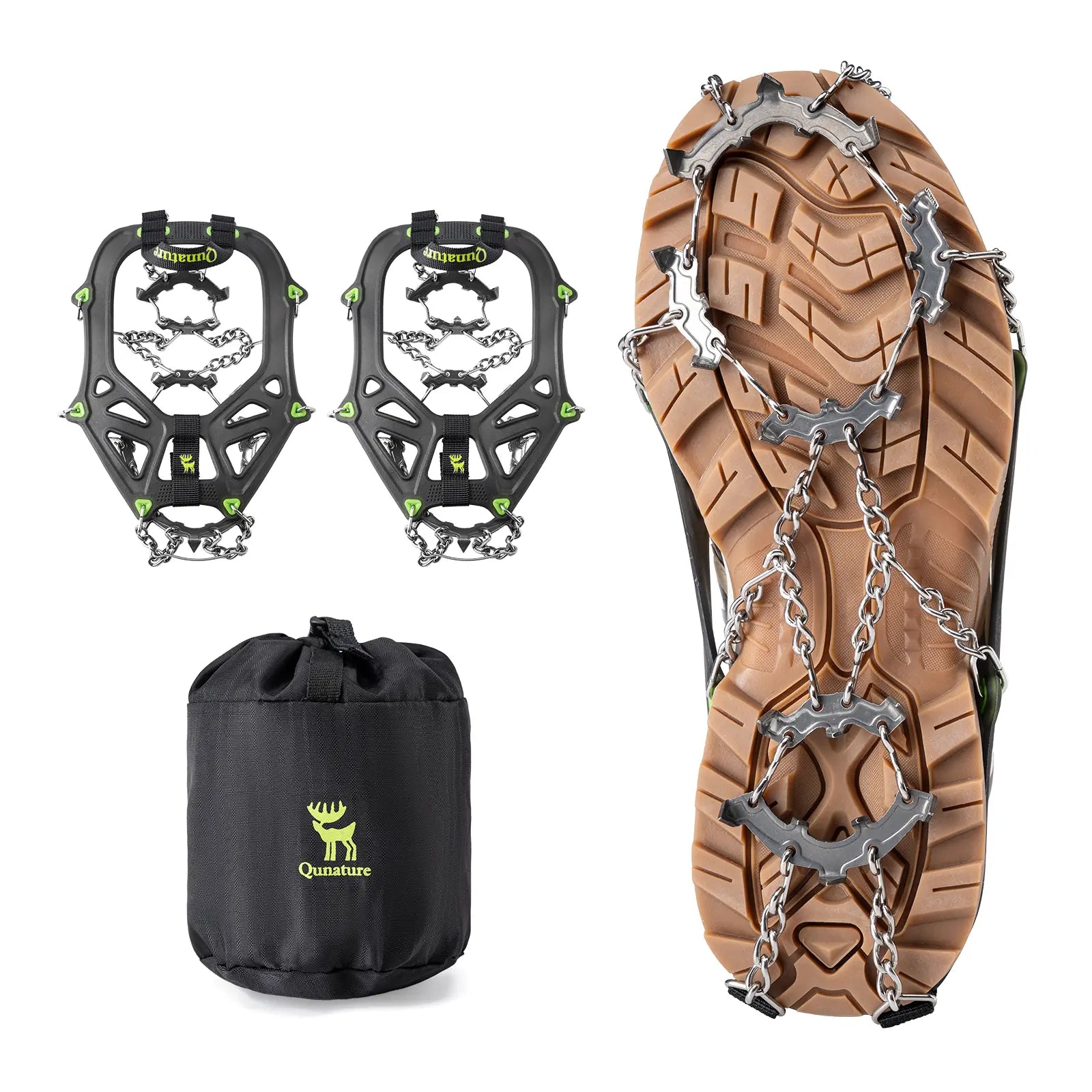 Ice cleats attached to a shoe on a white background
