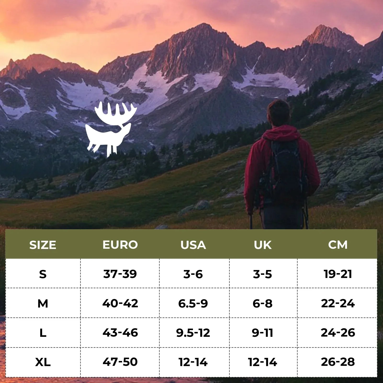 Person standing in a mountainous landscape with a size chart overlay.