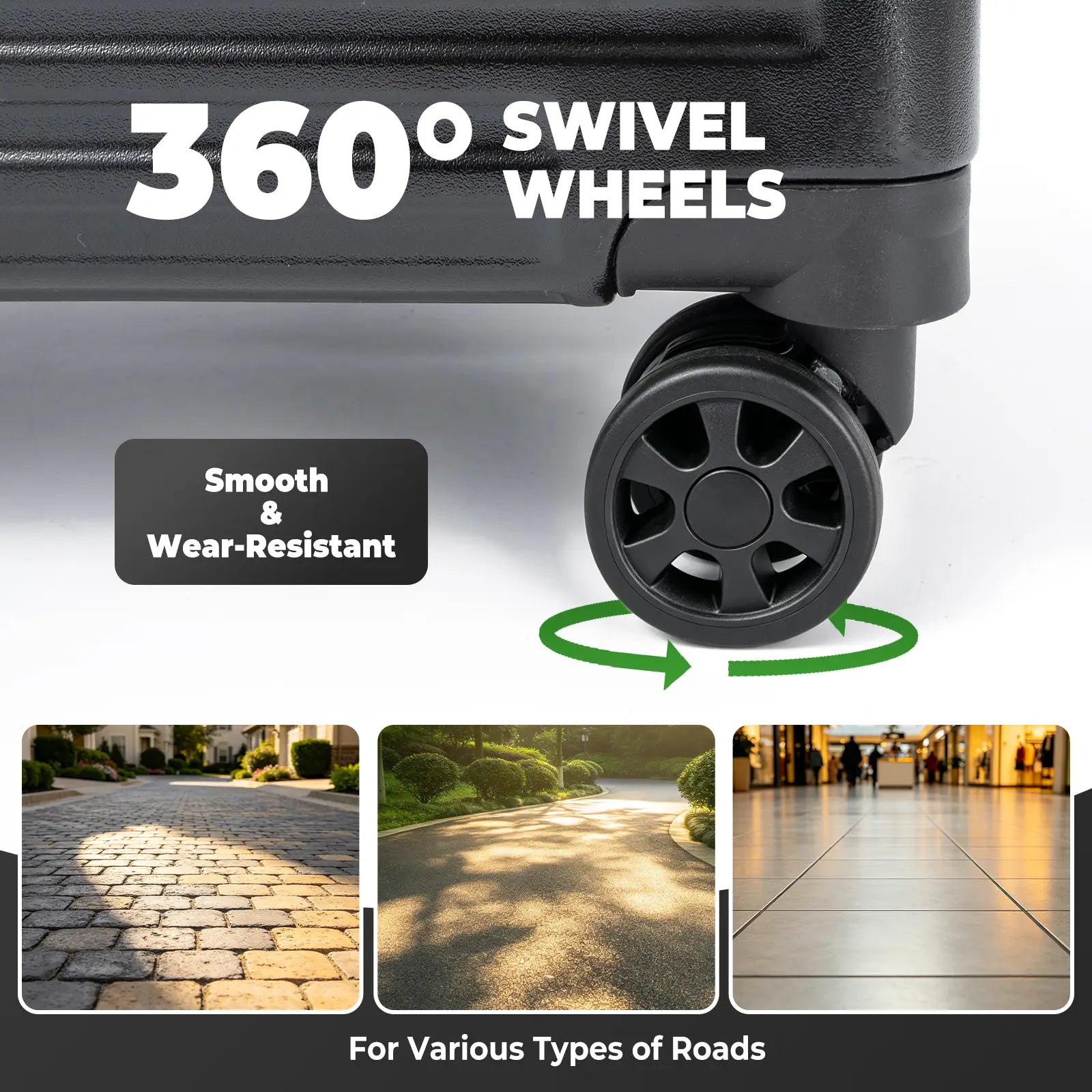 Black suitcase with 360-degree swivel wheels on a white background