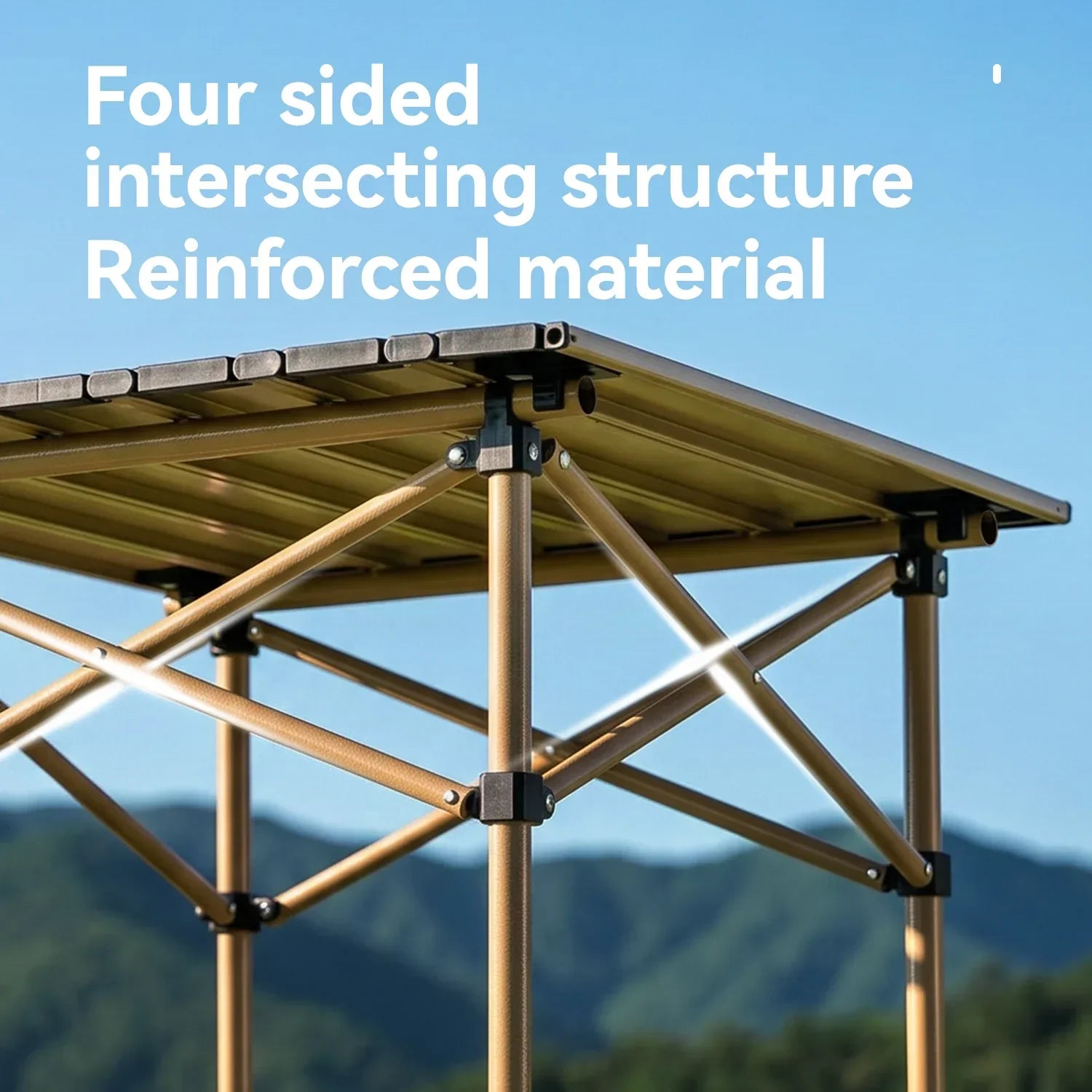 Four-sided intersecting structure with reinforced material against a blue sky