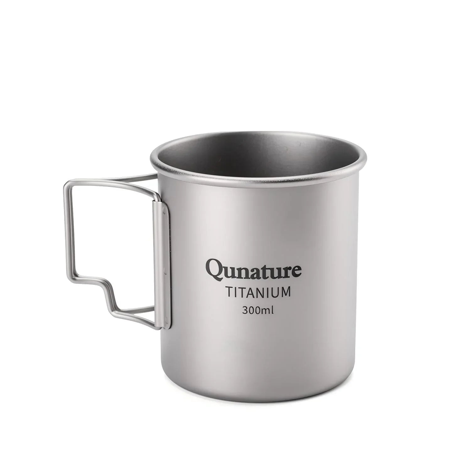 A 300ml titanium camping mug by Qunature, featuring a brushed metallic silver finish and a fold-out handle, shown on a clean white background.