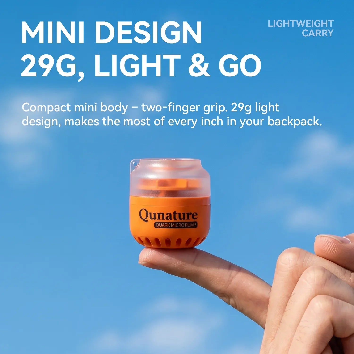 Orange container held in a hand with blue sky background and text about mini design, lightweight carry, and Qunature branding.