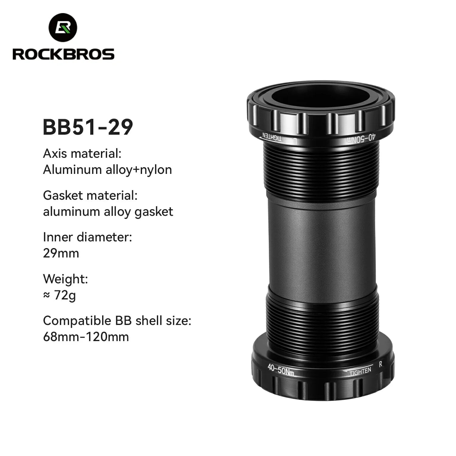 RockBros BB51-29 bicycle bottom bracket with specifications on a white background #Size_ BB51-29