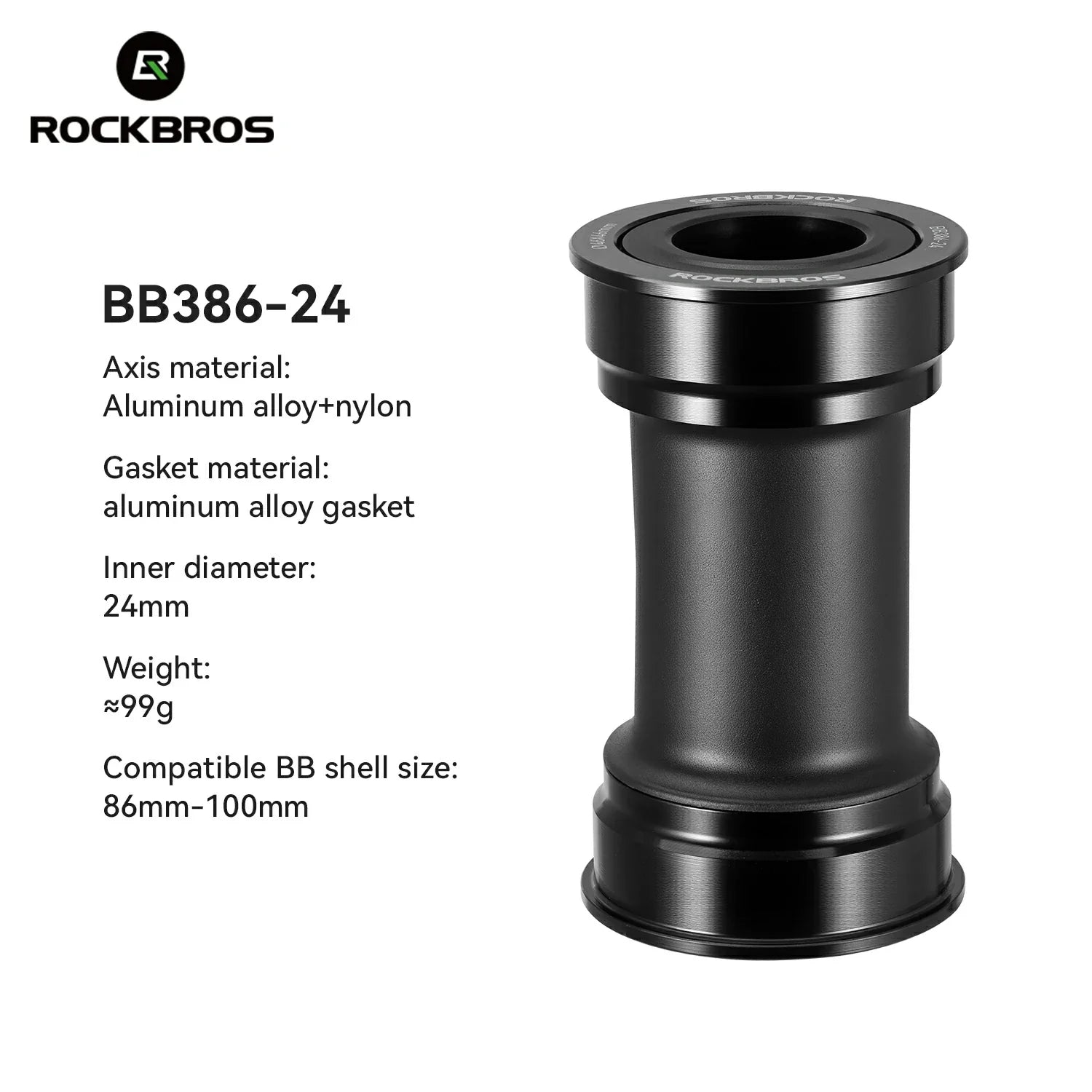 Black bicycle bottom bracket with specifications on a white background, featuring the RockBros brand. #Size_BB386-24