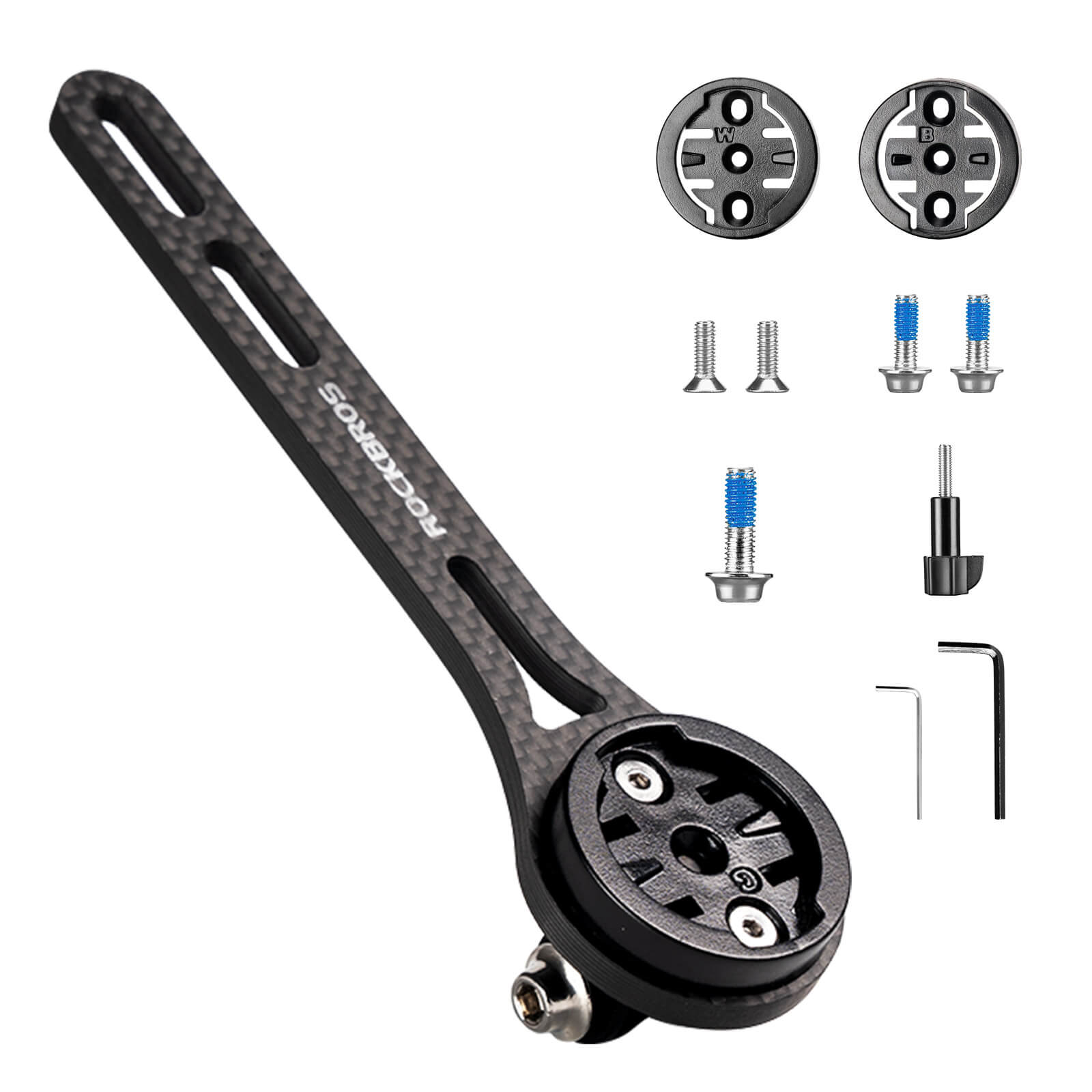 rockbros black nylon handlebar mount holding a cycling computer and front light on a road bike