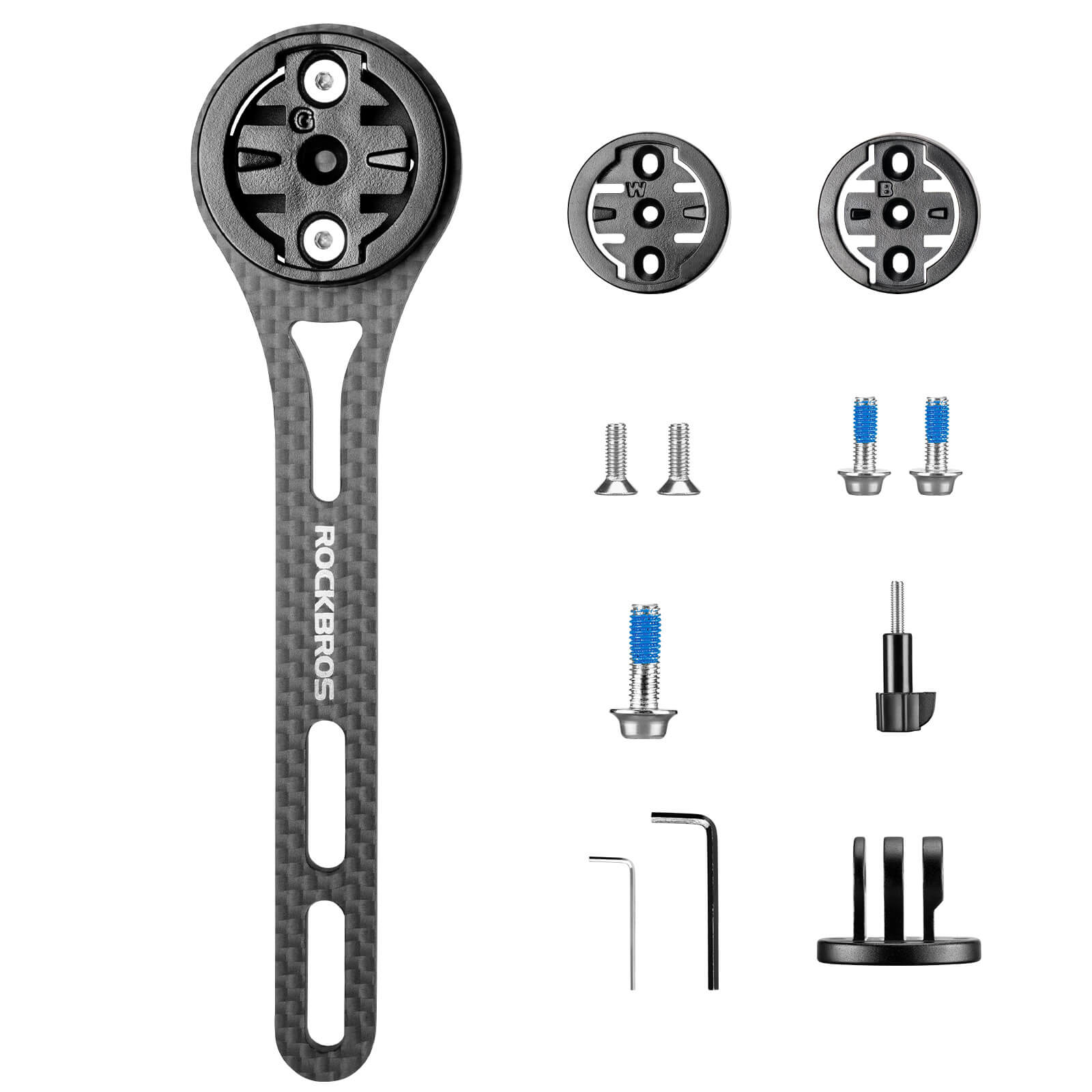 rockbros black nylon handlebar mount holding a cycling computer and front light on a road bike