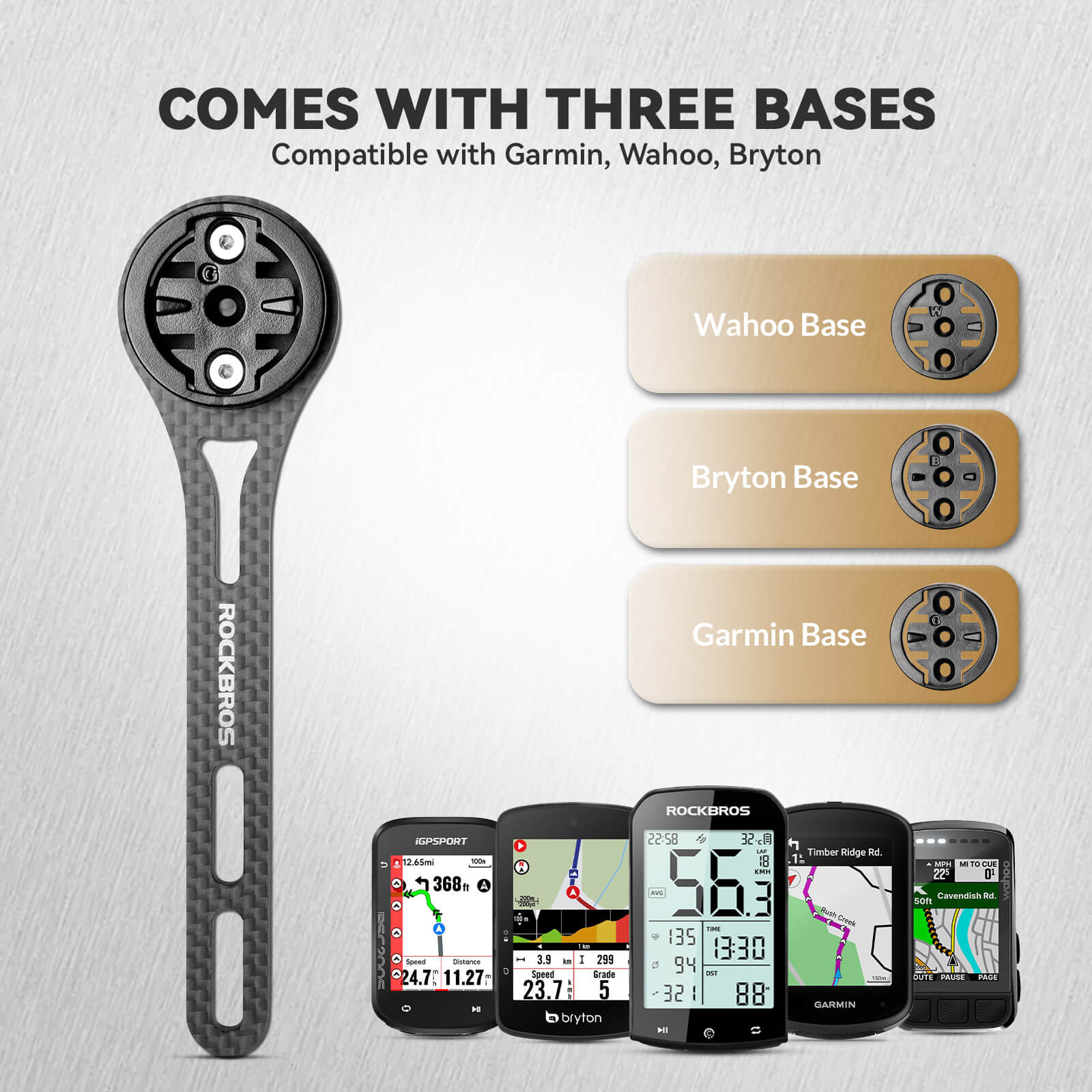 rockbros black nylon handlebar mount holding a cycling computer and front light on a road bike