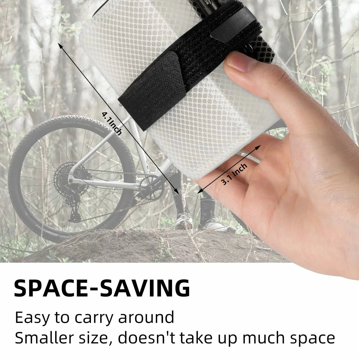 Hand holding a space-saving product with a bicycle in the background