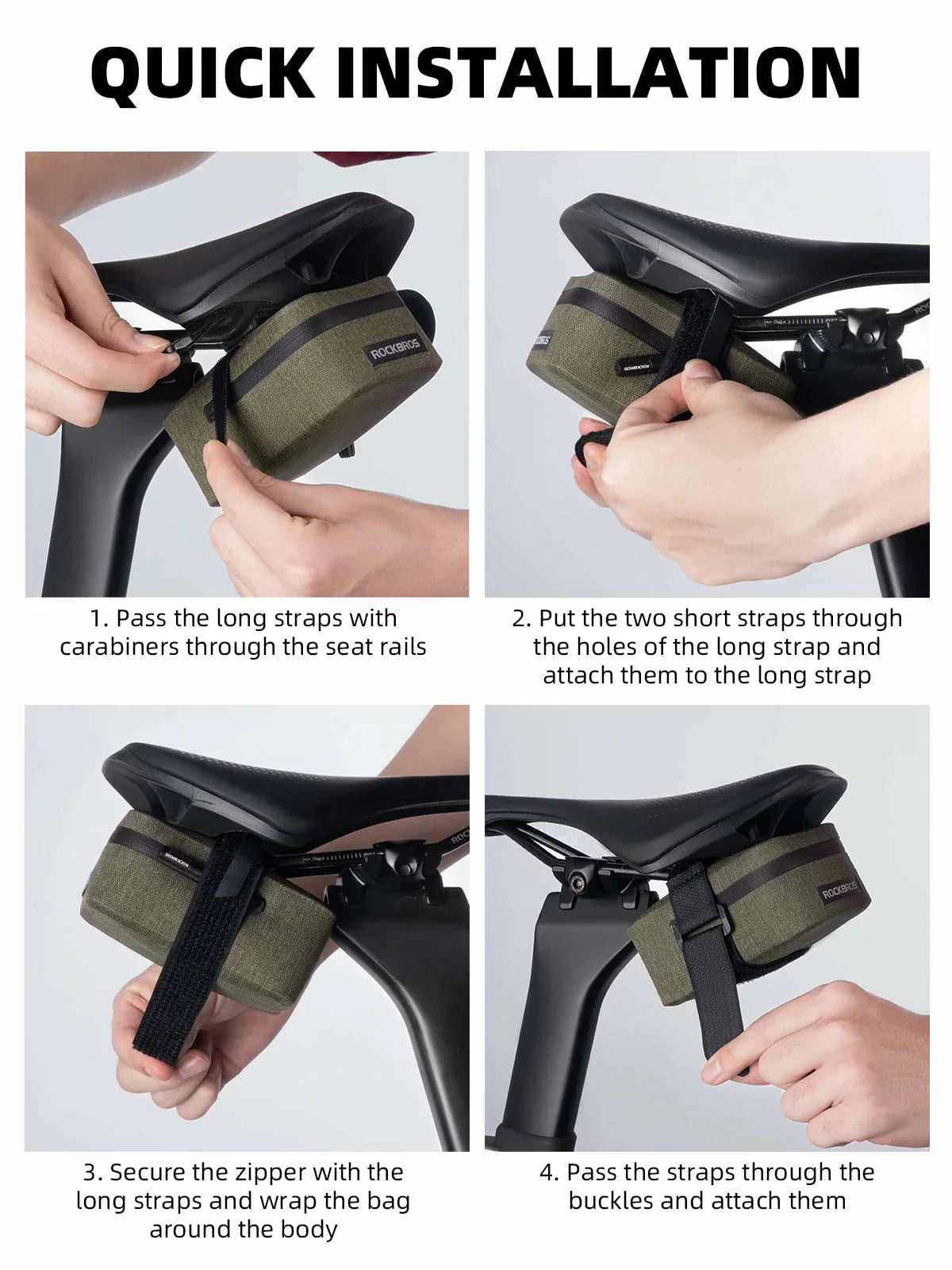 Step-by-step guide on how to install a bike saddle bag with text instructions.