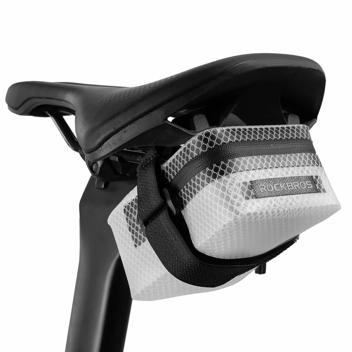 Bicycle saddle bag with honeycomb design and 'RockBros' branding on a white background #Color_White