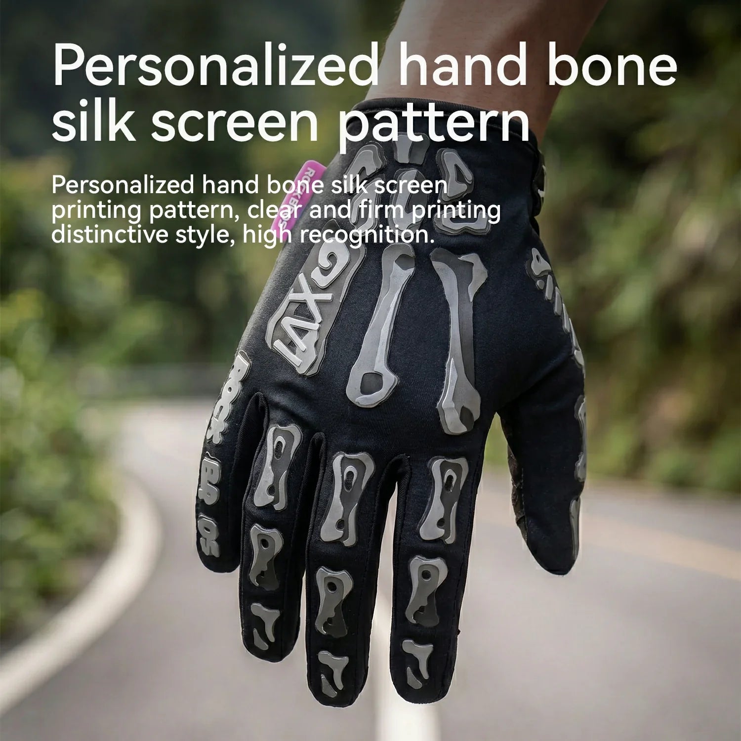 A black glove with a gray bone pattern printed on the back, shown on a hand against a blurred outdoor road background. White text at the top reads 'Personalized hand bone silk screen pattern' with additional descriptive copy below.