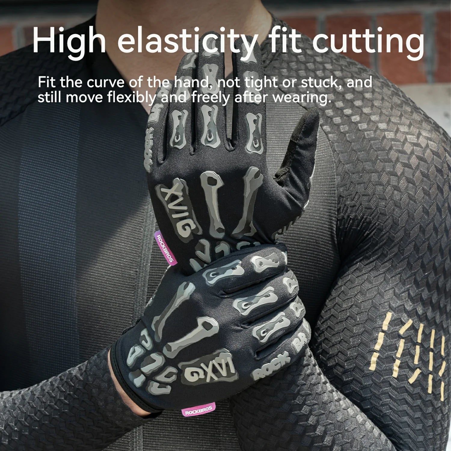 Black cycling gloves with white skeletal finger graphics, worn on a person's hands against a dark textured wetsuit background, with white text overlay reading 'High elasticity fit cutting'.