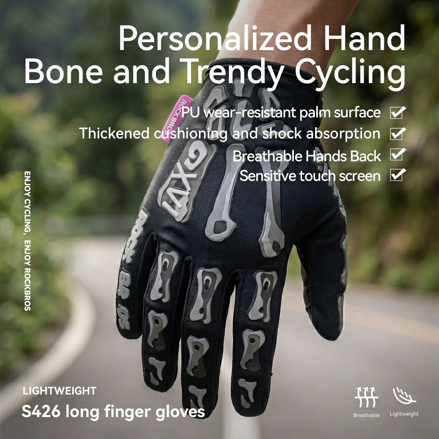 A black long finger cycling glove with gray bone-shaped cutouts and a small pink accent, shown against a blurred outdoor road background. Large white text overlays describe personalization and product features.