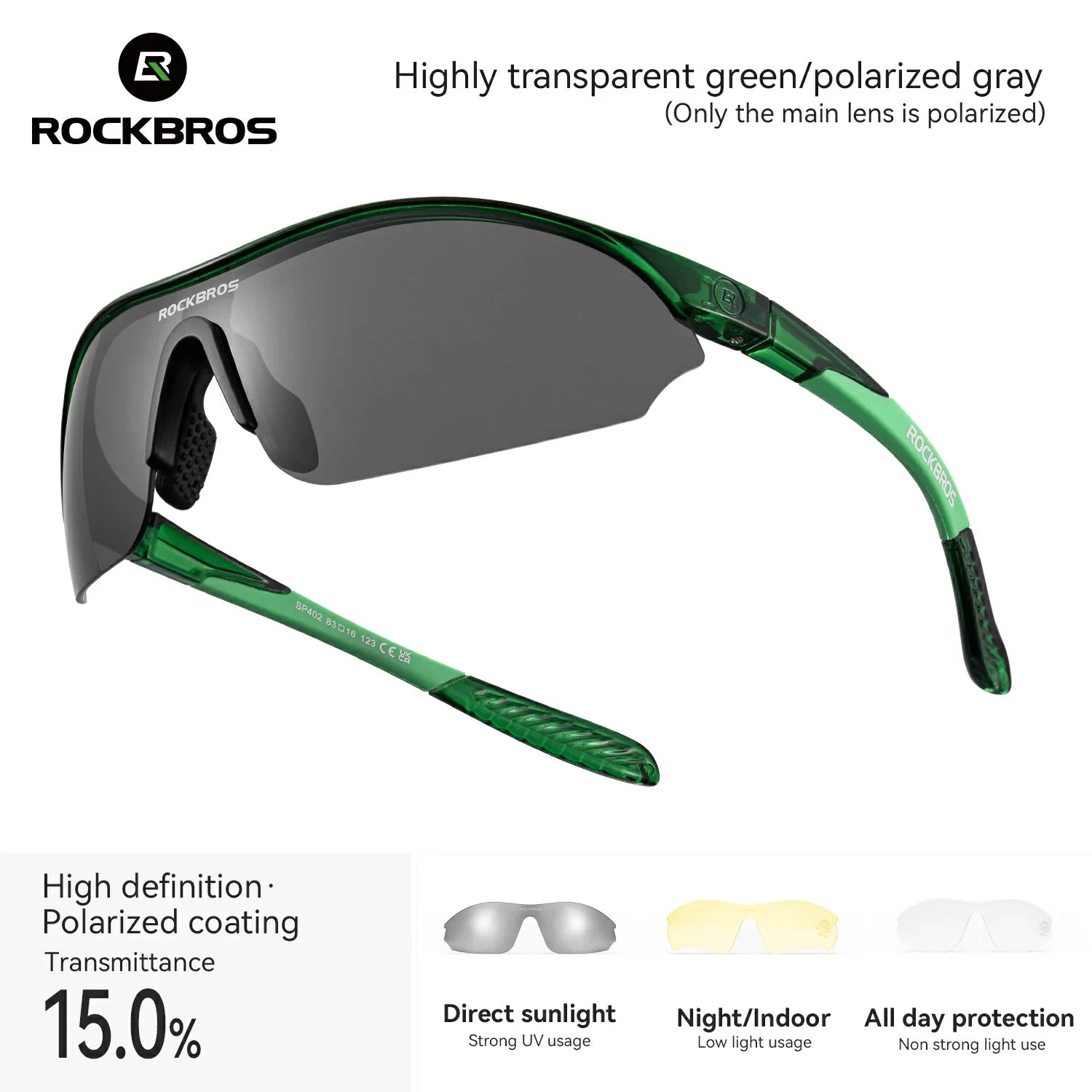 Green sunglasses with a gray lens on a white background, featuring the Rockbros brand. #Color_Green