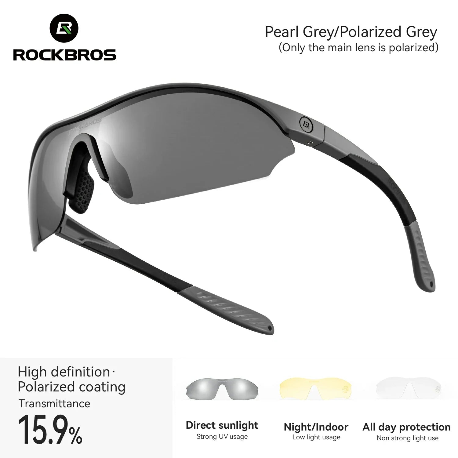 Rockbros sunglasses with pearl gray frame and polarized gray lens on a white background #Color_Green
