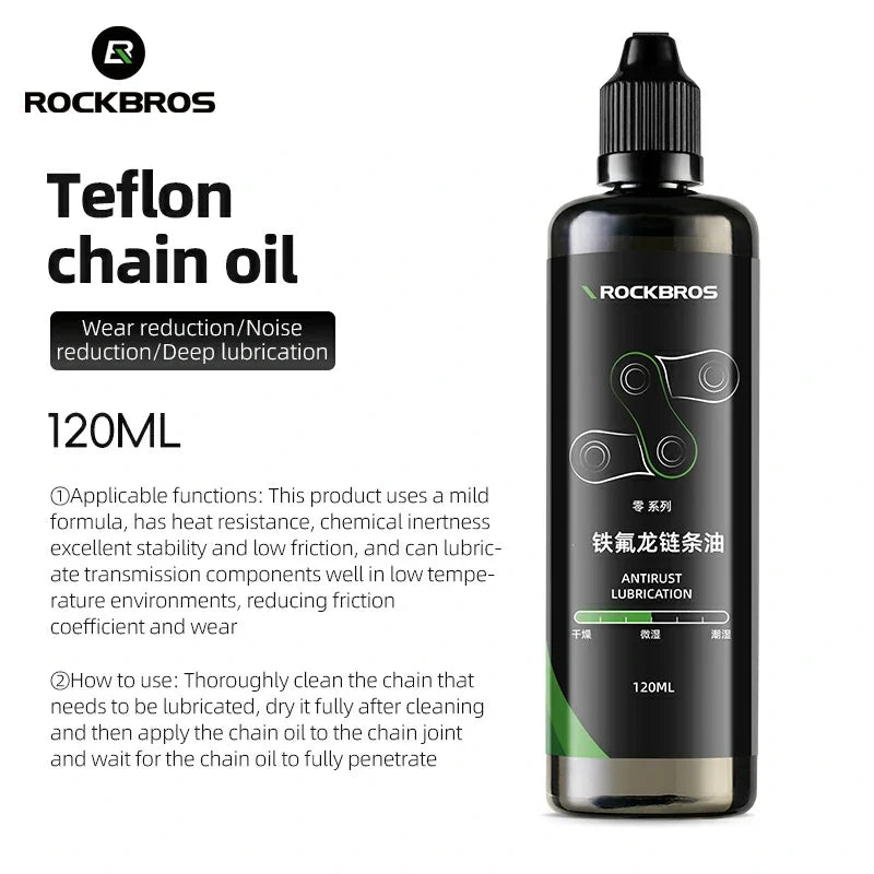 RockBros Teflon chain oil bottle with product details on a white background #color_PTFE Chain Oil