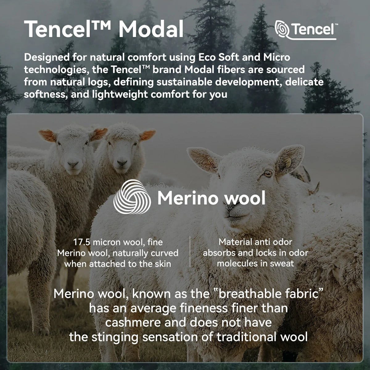 An informational product graphic for Tencel Modal fabric, featuring a photo of Merino wool sheep with text overlays explaining the blend technology and wool properties. The Tencel logo is visible in the top right corner.