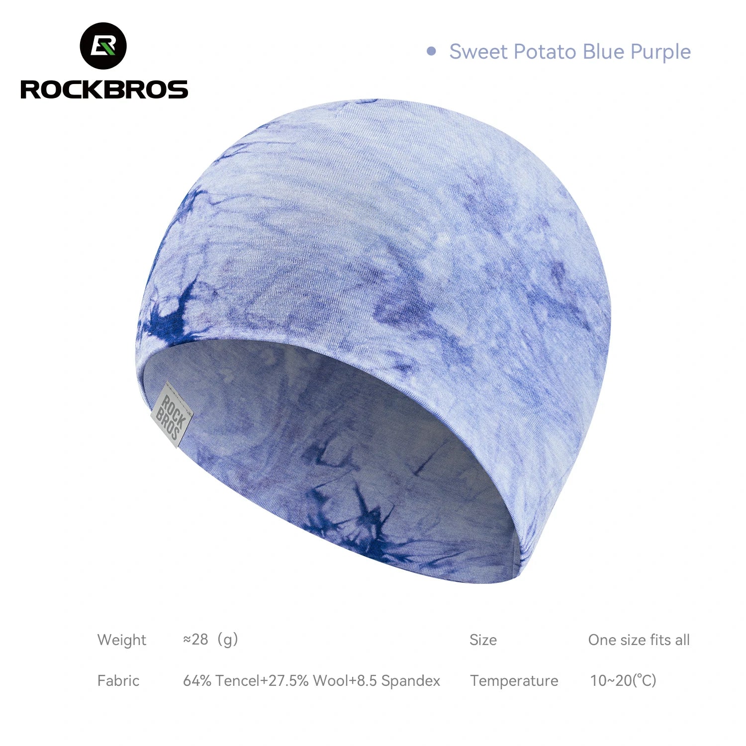 A blue and purple marbled knit beanie hat by Rockbros, shown on a white background with product specifications and the color name 'Sweet Potato Blue Purple' printed around it. #Color_Blue