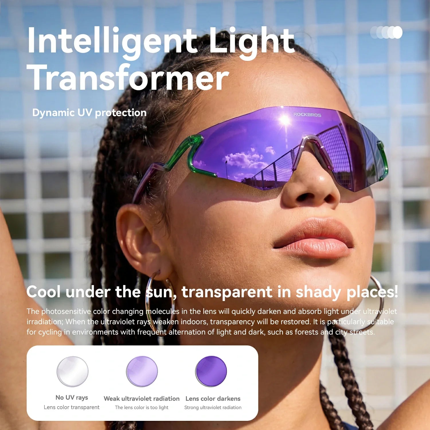 Person wearing reflective sunglasses with text about dynamic UV protection.