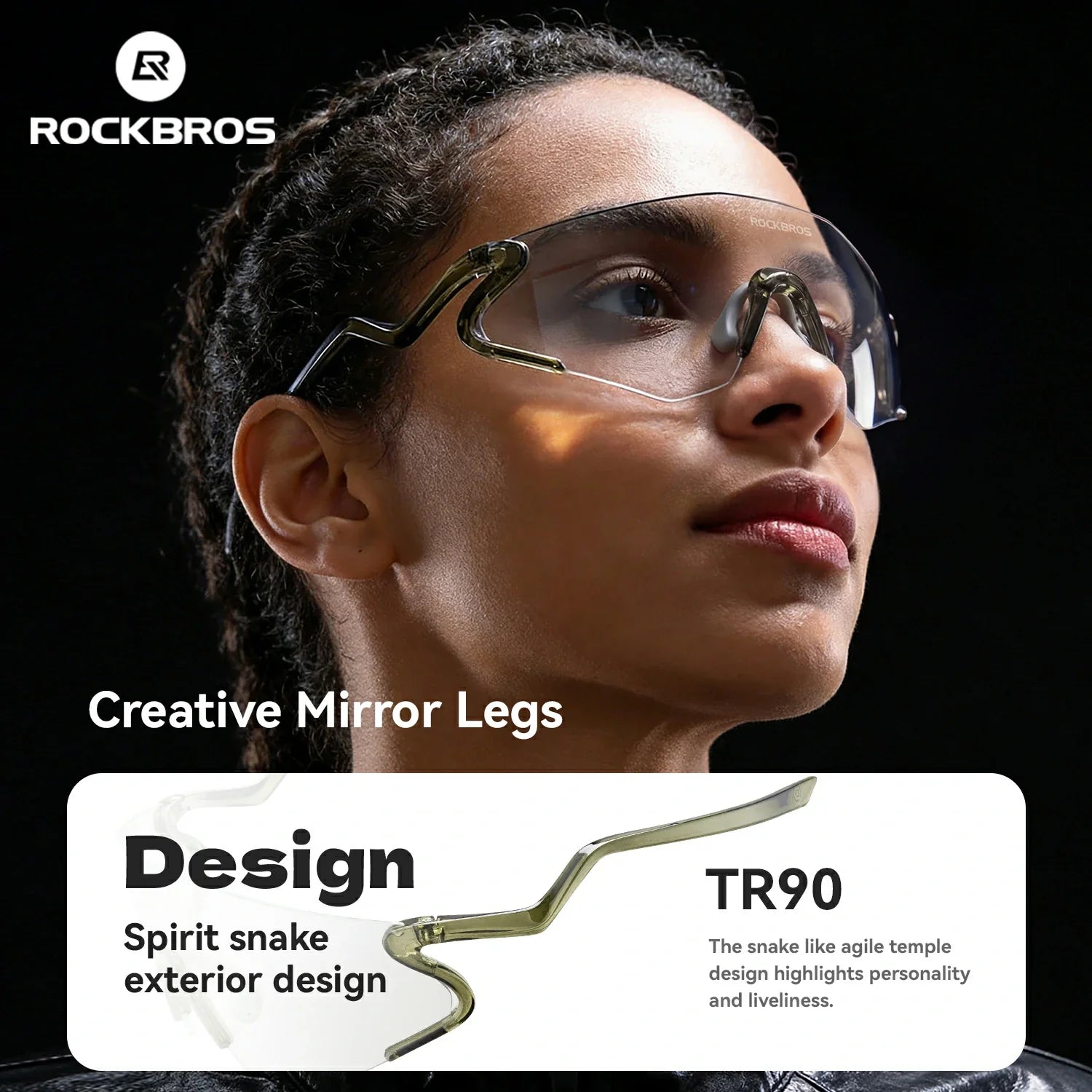 Person wearing glasses with creative mirror legs, featuring the Rockbros brand.