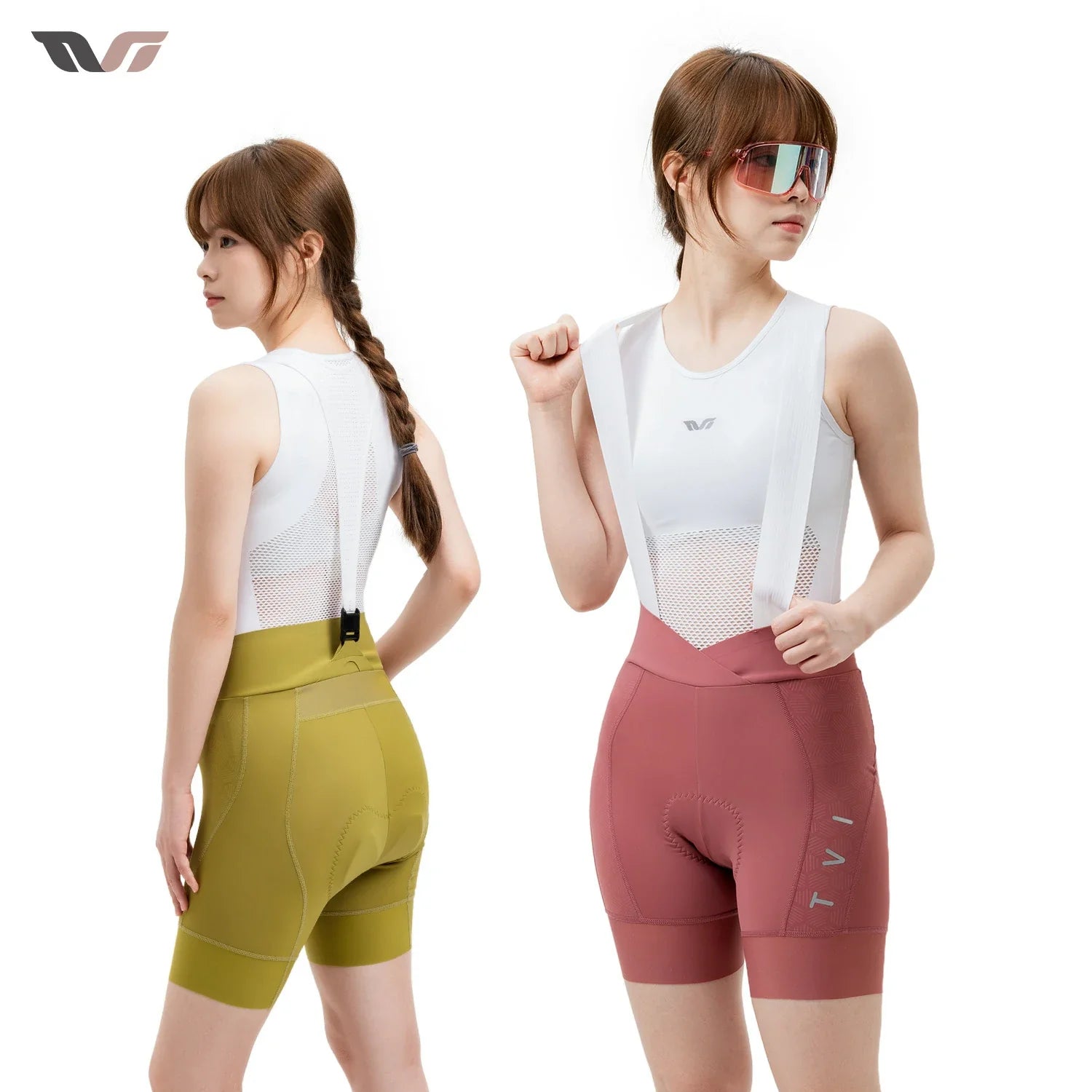 Two women wearing different colored cycling outfits on a white background