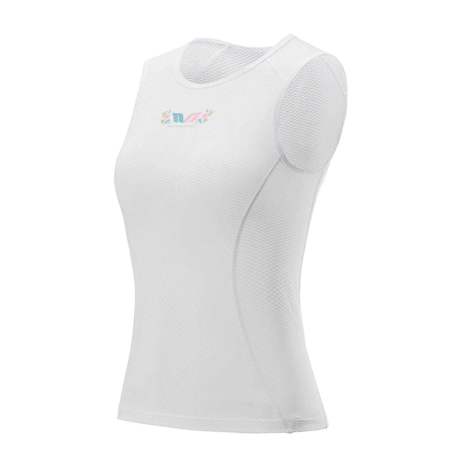 White sleeveless top with a brand logo on a white background