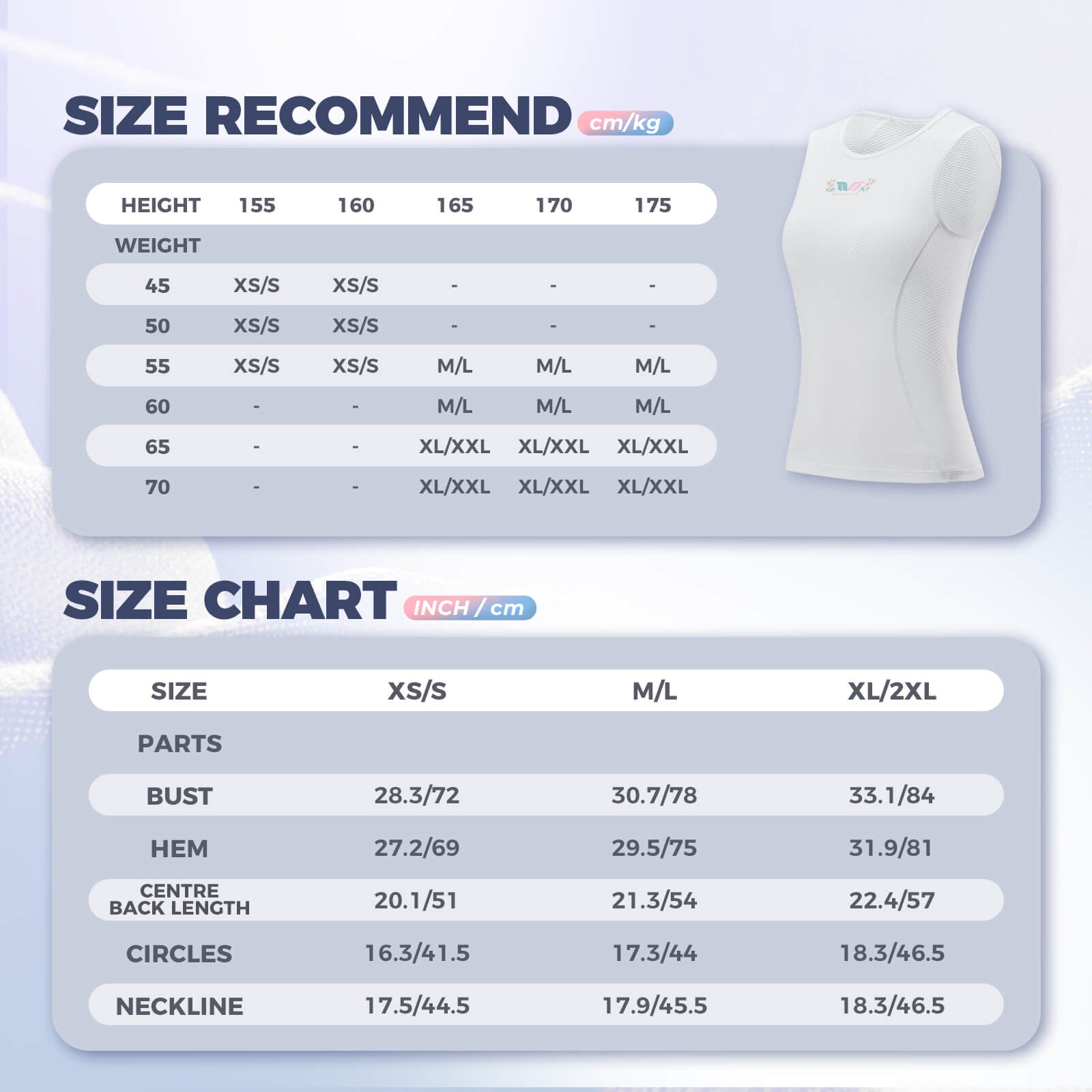 Size chart for a garment with recommended height, weight, and size dimensions.