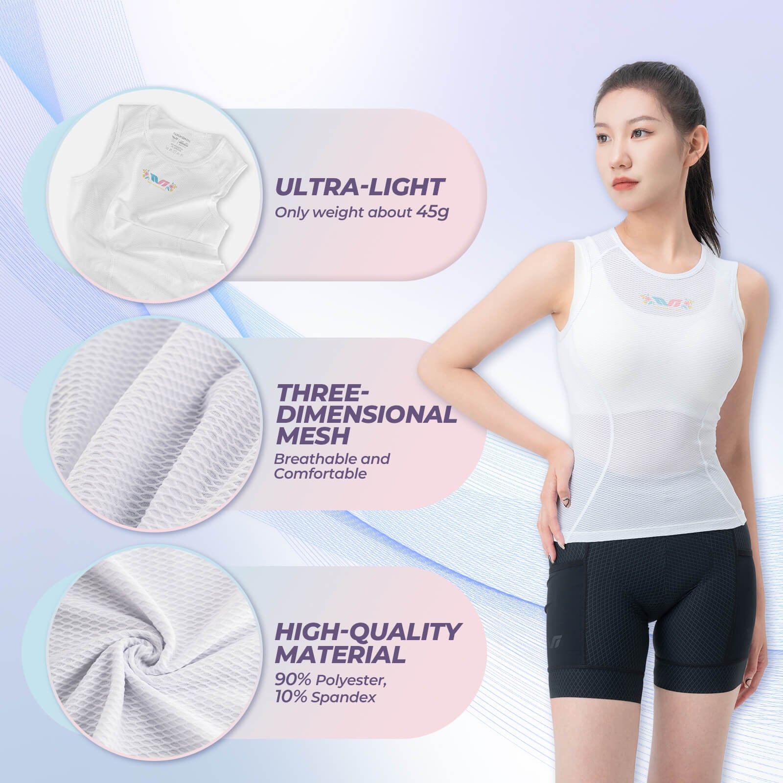 Woman wearing athletic wear with product features highlighted on a light blue background