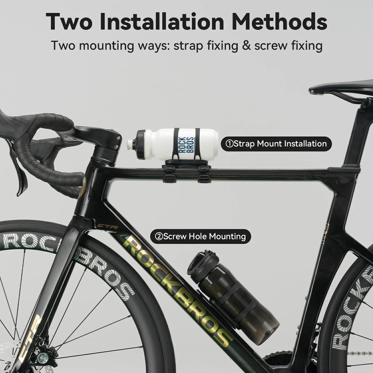 A bicycle frame with two mounted water bottles shown to demonstrate two installation methods: strap mount installation and screw hole mounting. The image includes text labels and a light gray background.