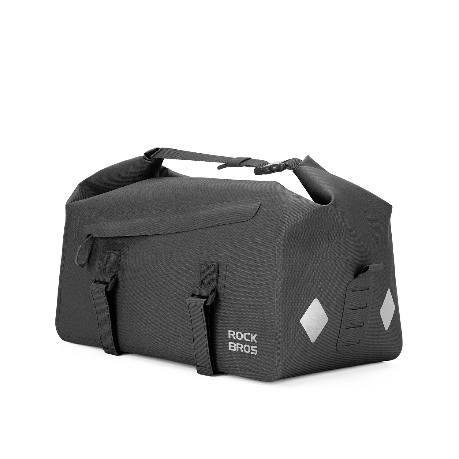 ROCKBROS waterproof rear rack bag on a gravel bike, roll-top design, large capacity. #color_black