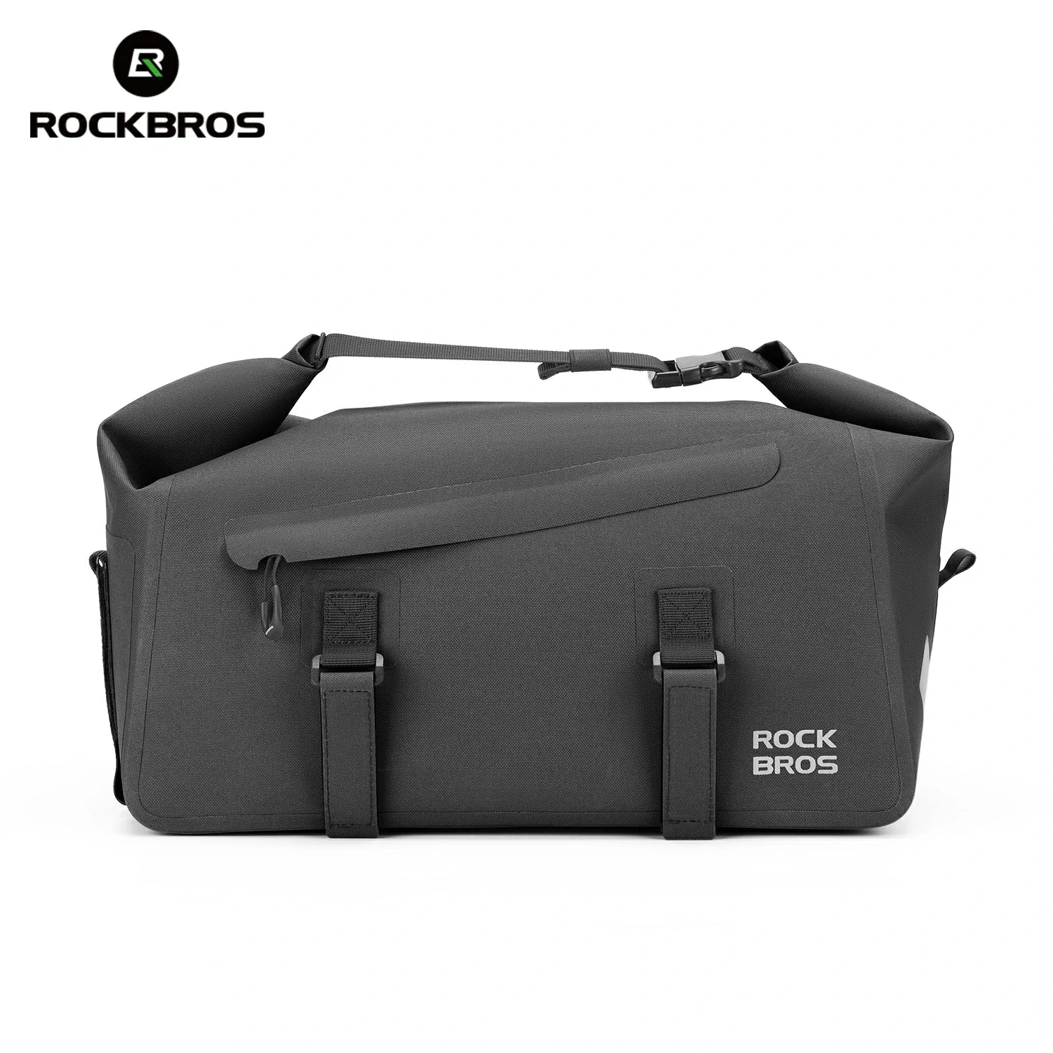 Black duffel bag with black straps on a white background, featuring the RockBros brand. .#color_black