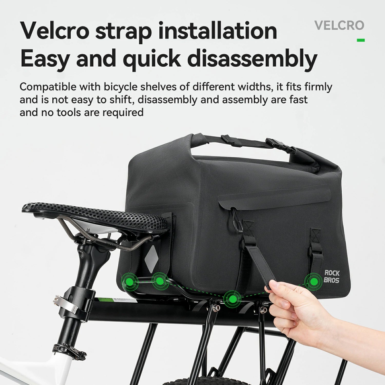 Black bicycle bag with Velcro strap installation on a white background