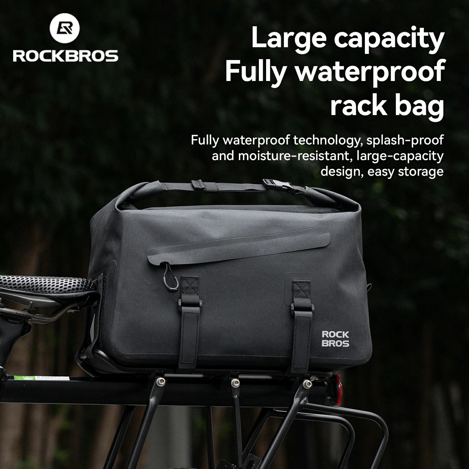 RockBros large capacity fully waterproof rack bag on a bike with dark background