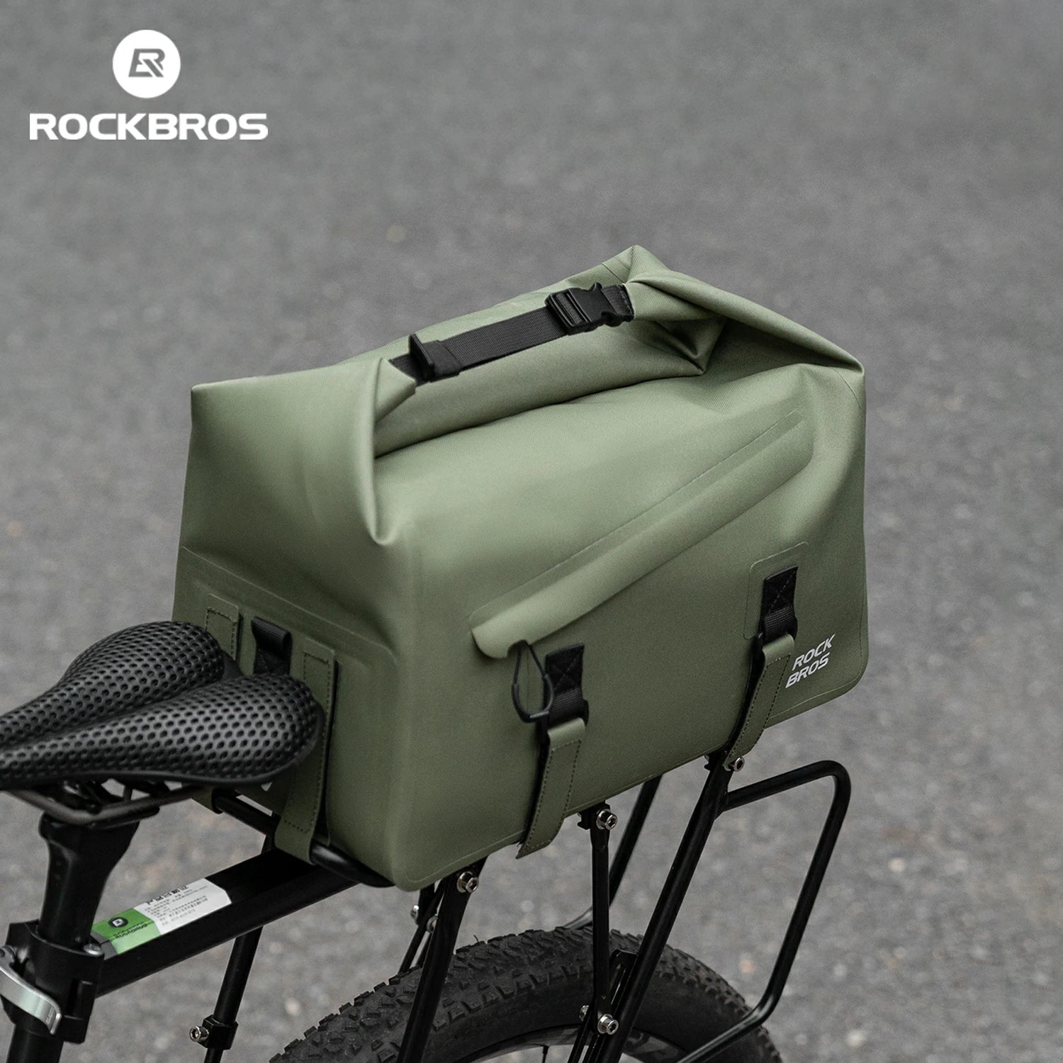 Green bicycle saddle bag attached to a bike with RockBros branding. #color_green