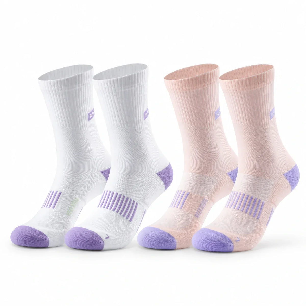 Four athletic crew socks arranged in two pairs on a white background: two white socks with light purple accents and two pale pink socks with light purple accents. #Color_white+pink