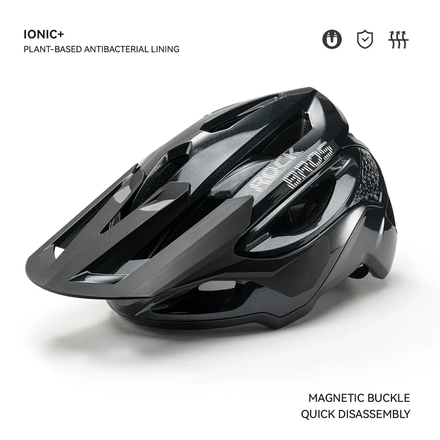 Black helmet with text highlighting features on a white background #Color_Black