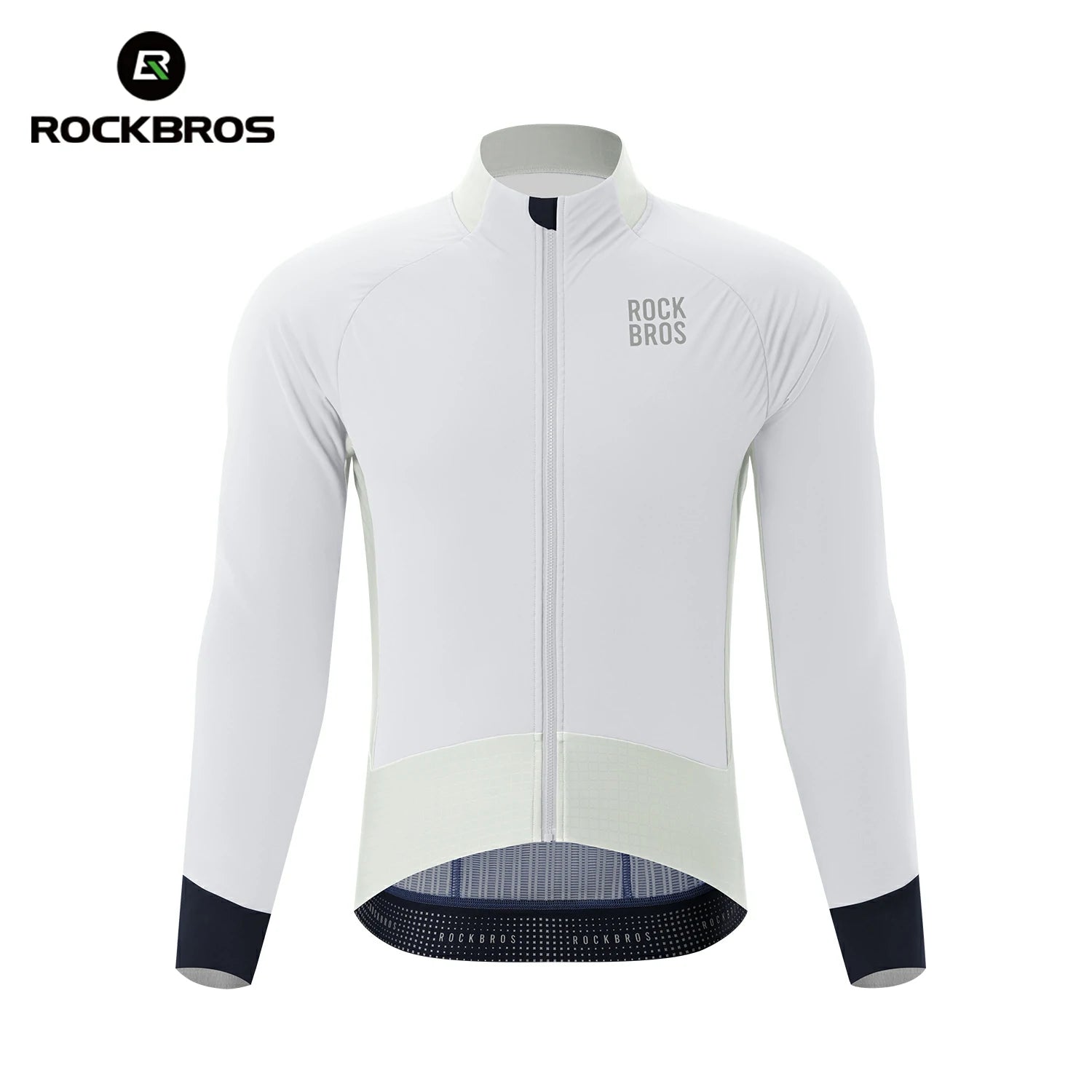 White cycling jacket with black accents on a white background, featuring the RockBros brand. #color_Grey