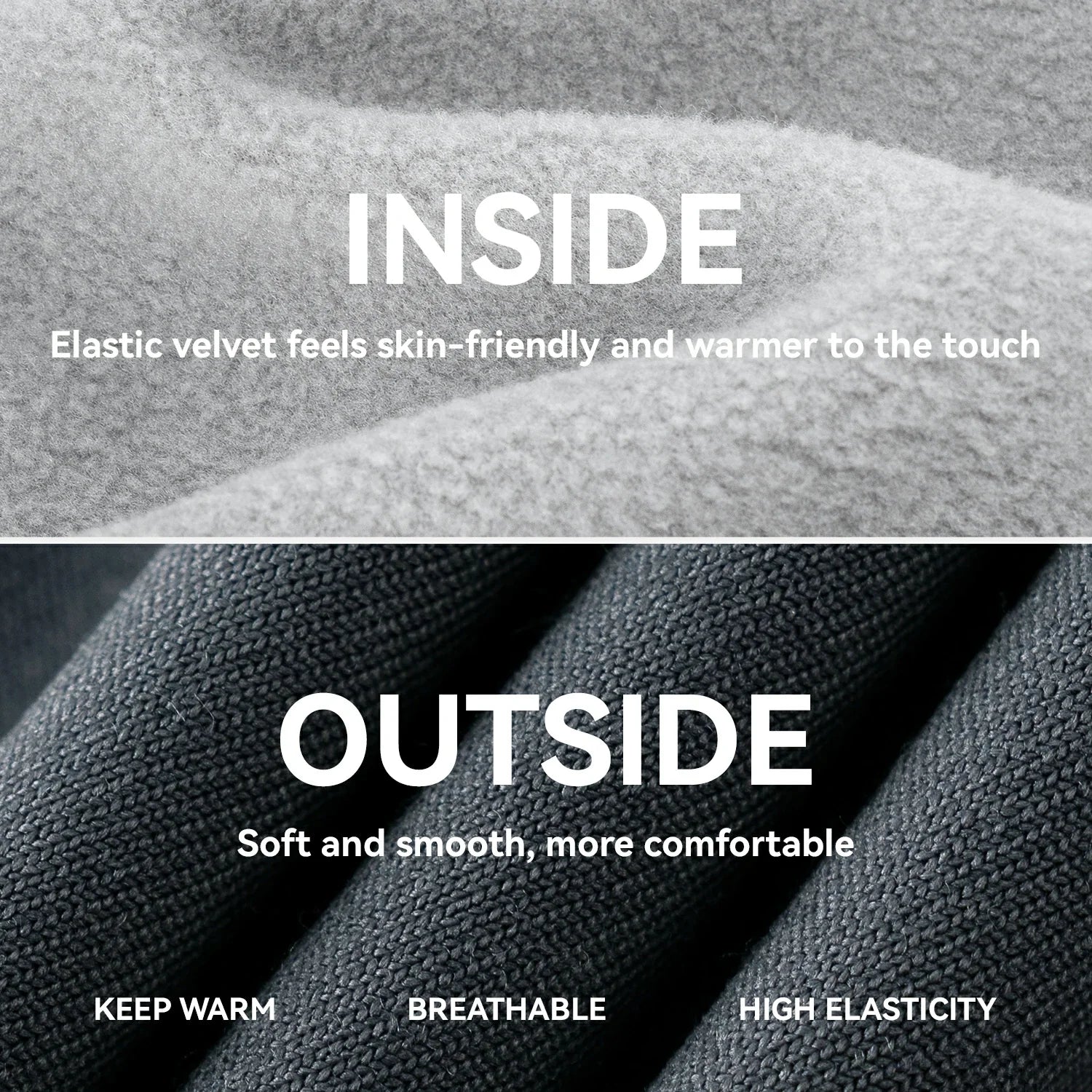 Text describing the properties of elastic velvet fabric on a gray background