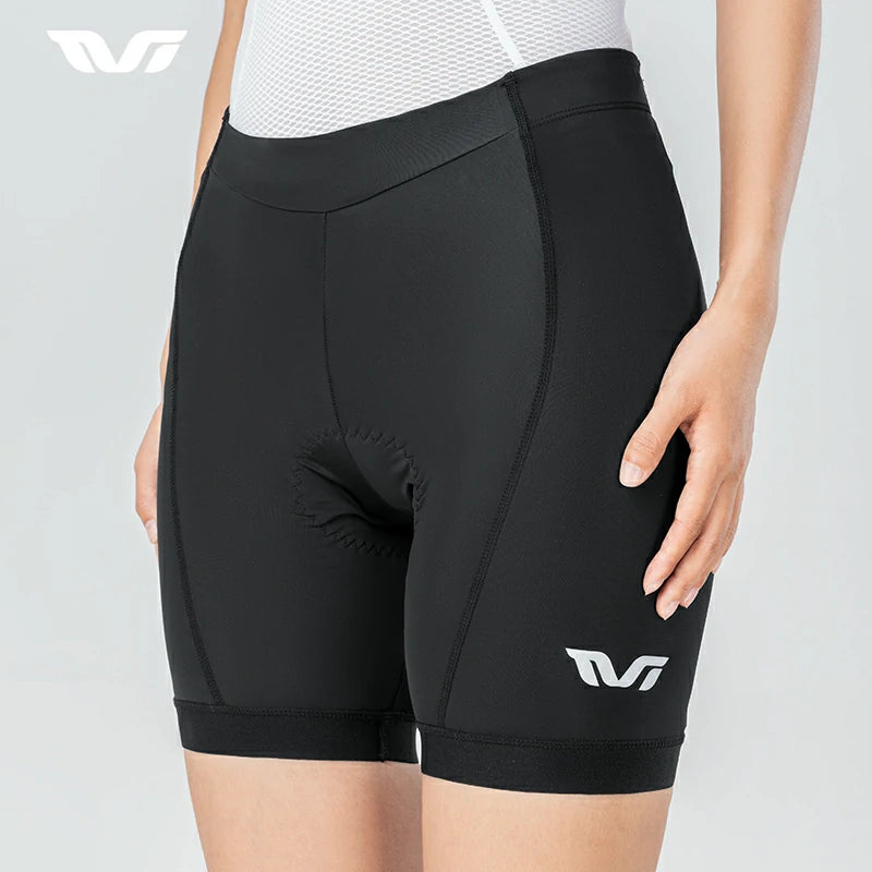 Black athletic shorts with a logo on a gray background