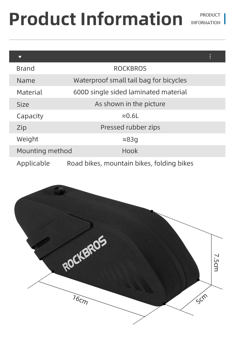 ROCKBROS Bike Saddle Bag Waterproof Bicycle Tail Bag Cycling Rear Bag 0.6L - ROCKBROSUSA