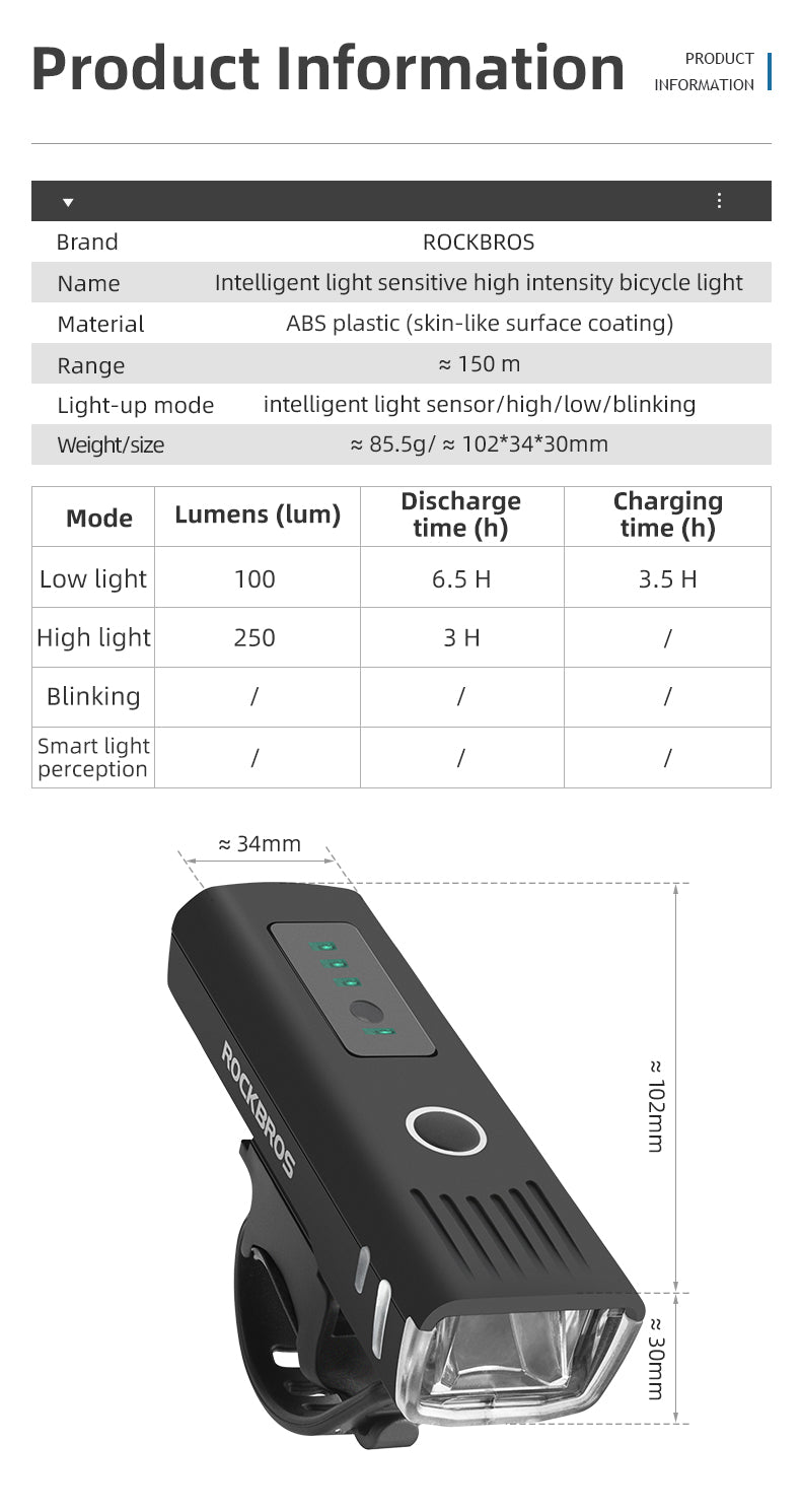 ROCKBROS Smart Sensing Front Bicycle Headlight QD-250LM - ROCKBROSUSA