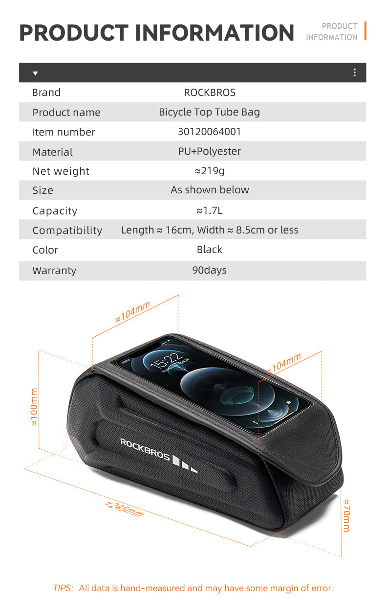 ROCKBROS Bicycle Phone Bag 1.7L 6.8in Waterproof Bike Cycling Frame Bag Top Tube Bag - ROCKBROSUSA